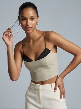 Zara Contrast Satin Strap Crop Top Khaki Black V Neck XL NWT